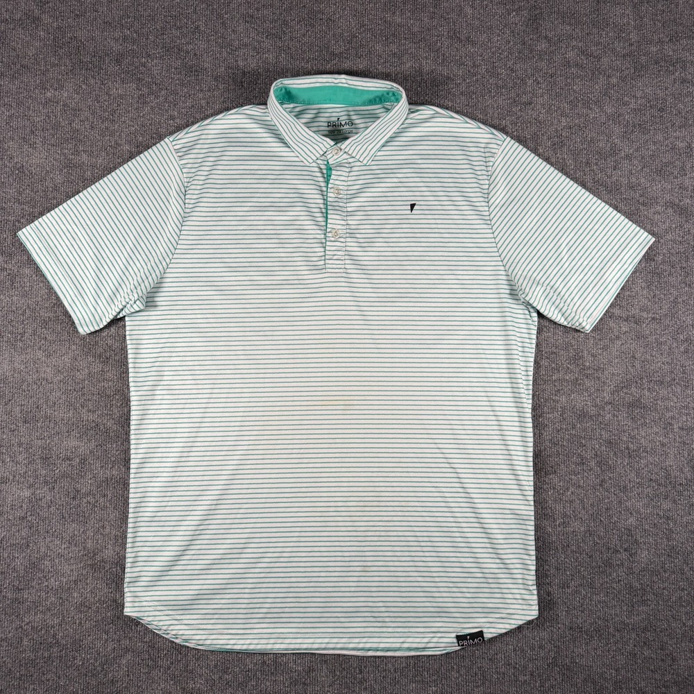 Primo Classic Collar Polo Shirt Mens 2XL Green White Striped Golf Stretch